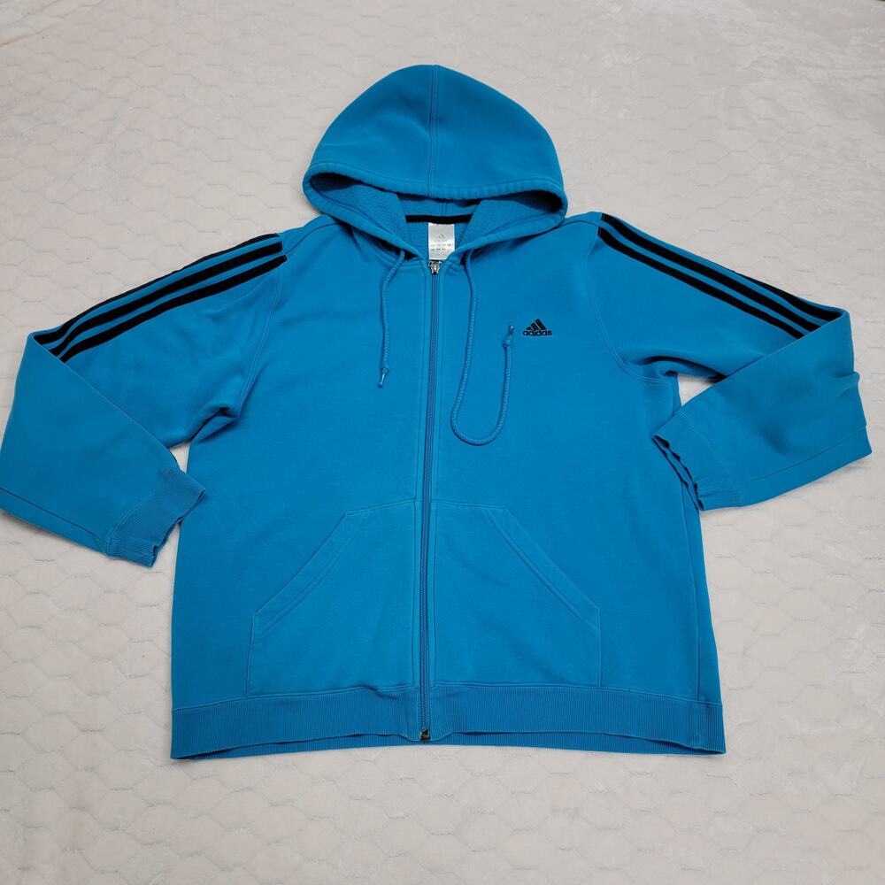 Adidas Hoodie Womens XL Blue 3-Stripes Fleece Full Zip Sweatshirt Performance